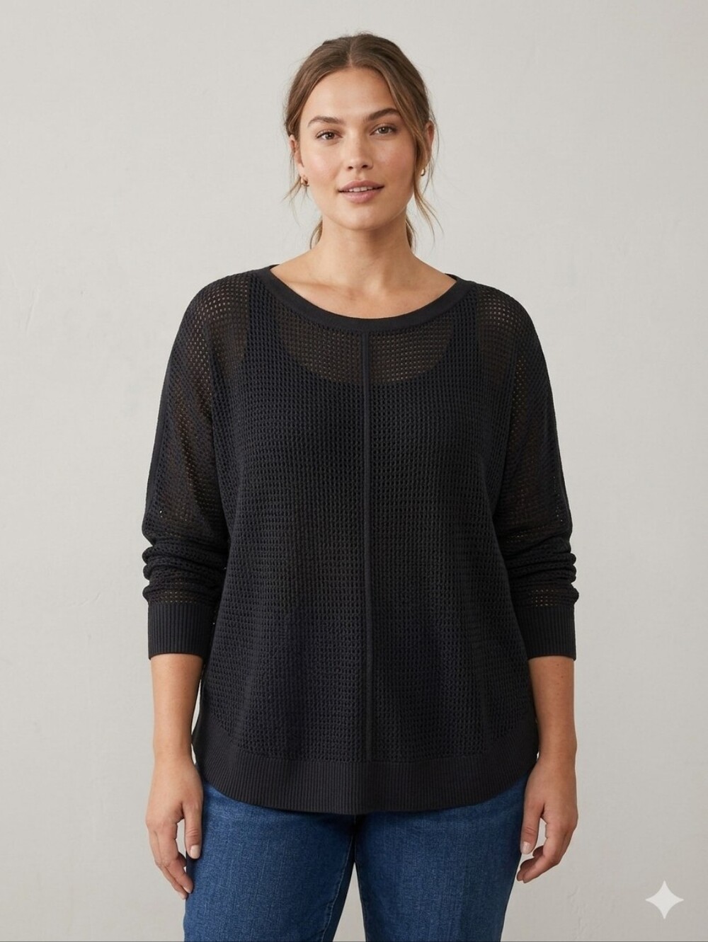 Lightweight Black Scoop Neck Knit Sweater Mesh Second Layer Size 1X Viscose